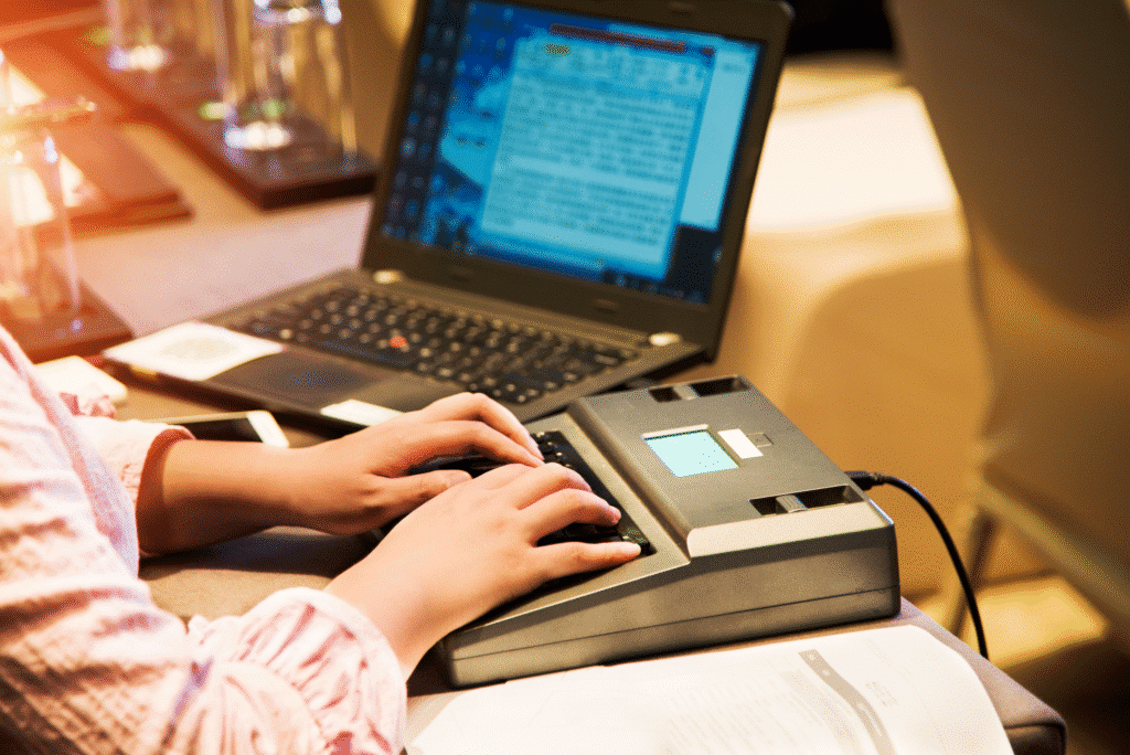 Professional steno machine and laptop used for real-time transcription in a focused work environment.